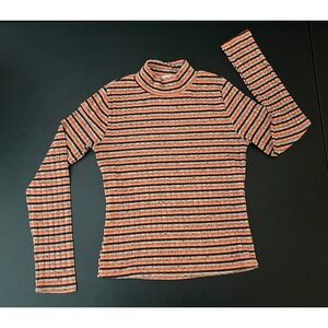 Heart & Hips Womens Orange Striped Ribbed Mock Neck Long Sleeve Top M (1161)